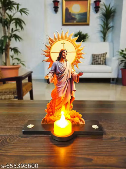 GRACIE COLLECTION UNIQUE 3D CUTOUT DECORATIVE FIGURINE DEPICTING JESUS CHRIST STANDING ON WOODEN MDF BASE WITH TEA CANDLE.