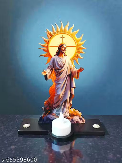 GRACIE COLLECTION UNIQUE 3D CUTOUT DECORATIVE FIGURINE DEPICTING JESUS CHRIST STANDING ON WOODEN MDF BASE WITH TEA CANDLE.