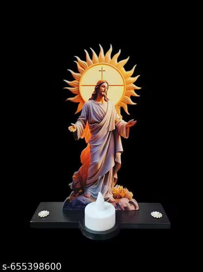 GRACIE COLLECTION UNIQUE 3D CUTOUT DECORATIVE FIGURINE DEPICTING JESUS CHRIST STANDING ON WOODEN MDF BASE WITH TEA CANDLE.