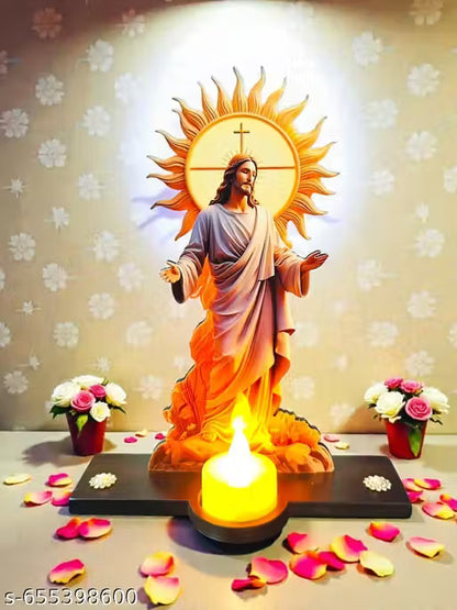 GRACIE COLLECTION UNIQUE 3D CUTOUT DECORATIVE FIGURINE DEPICTING JESUS CHRIST STANDING ON WOODEN MDF BASE WITH TEA CANDLE.