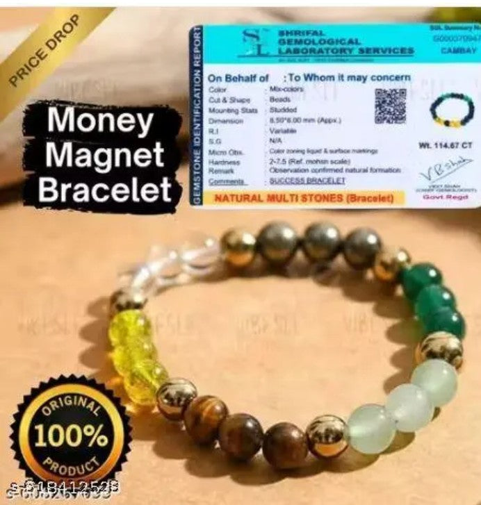 CALMING CRYSTALS Certified Dhan Yog Money Magnet Bracelet for Men &amp; Women Attracts Wealth , Prosperity &amp; Luck Natural Pyrite Green Aventurine Citrine Clear Quartz Tiger Eye Green Jade Crystal 8mm Beads